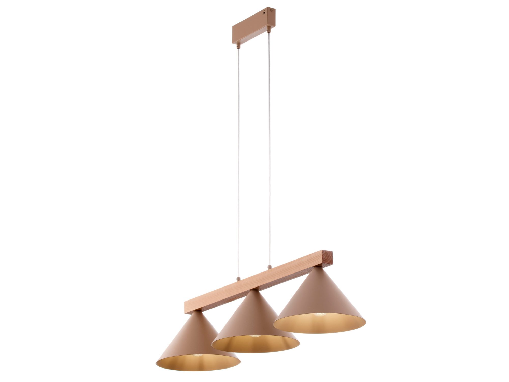 Lampa wisząca Deco 3 w ciepłym beżu, ukośny widok trzech kloszy pod drewnianą belką