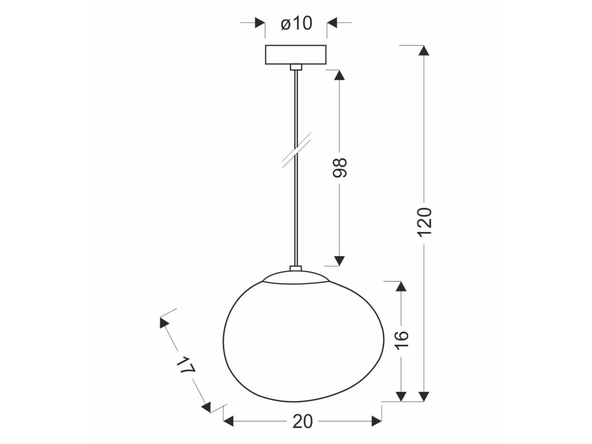 Rysunek wymiarowy lampy wiszącej Delado wysokość 120 cm klosz 20 cm