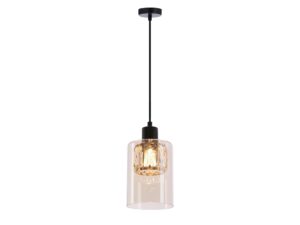 Miniaturka 2 - Lampa wisząca Delemeta czarna ze szklanym bursztynowym kloszem, na białym tle