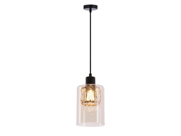 Lampa wisząca Delemeta czarna ze szklanym bursztynowym kloszem, na białym tle
