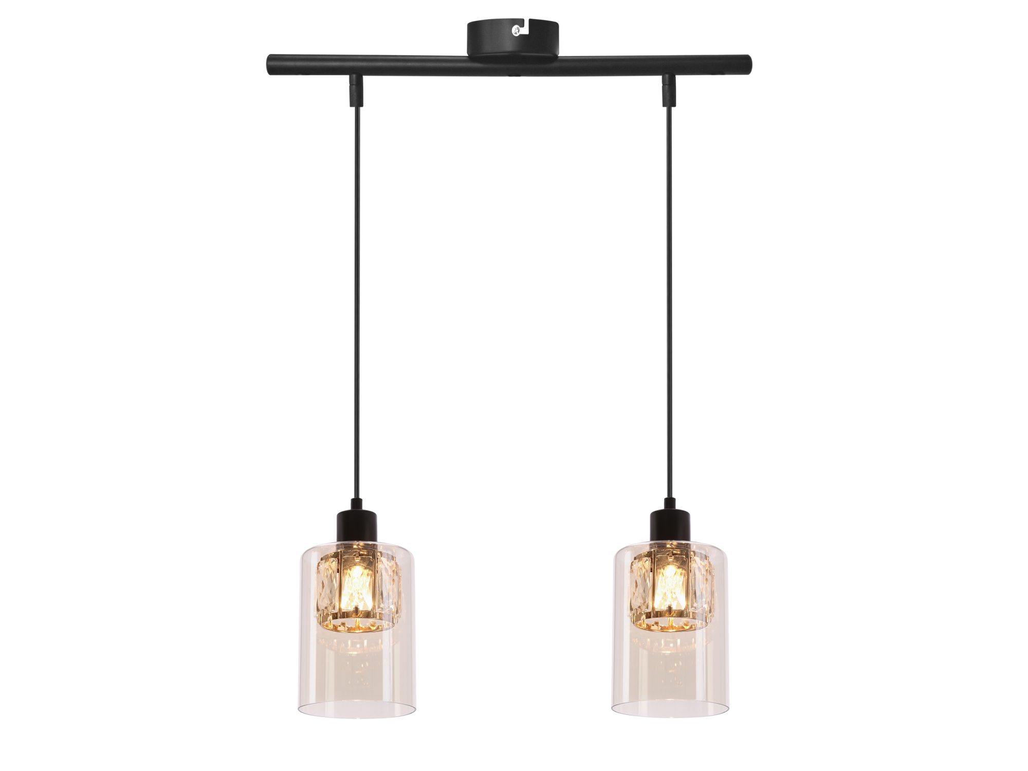 Lampa wisząca Delemeta dwupunktowa z bursztynowymi kloszami na białym tle
