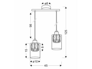 Miniaturka 1 - Rysunek wymiarowy lampy wiszącej Delemeta, dwa klosze i belka 45 cm