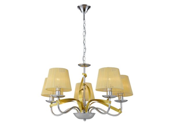 Lampa wisząca Delesora chrom i złoto – pięć nitkowych abażurów i dekoracyjne ramiona na białym tle