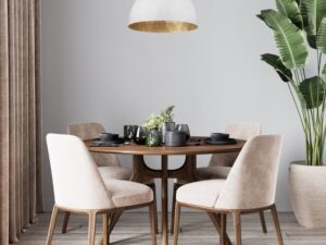 Miniaturka 5 - Lampa wisząca Diament M w bieli i złocie nad okrągłym stołem w jadalni.