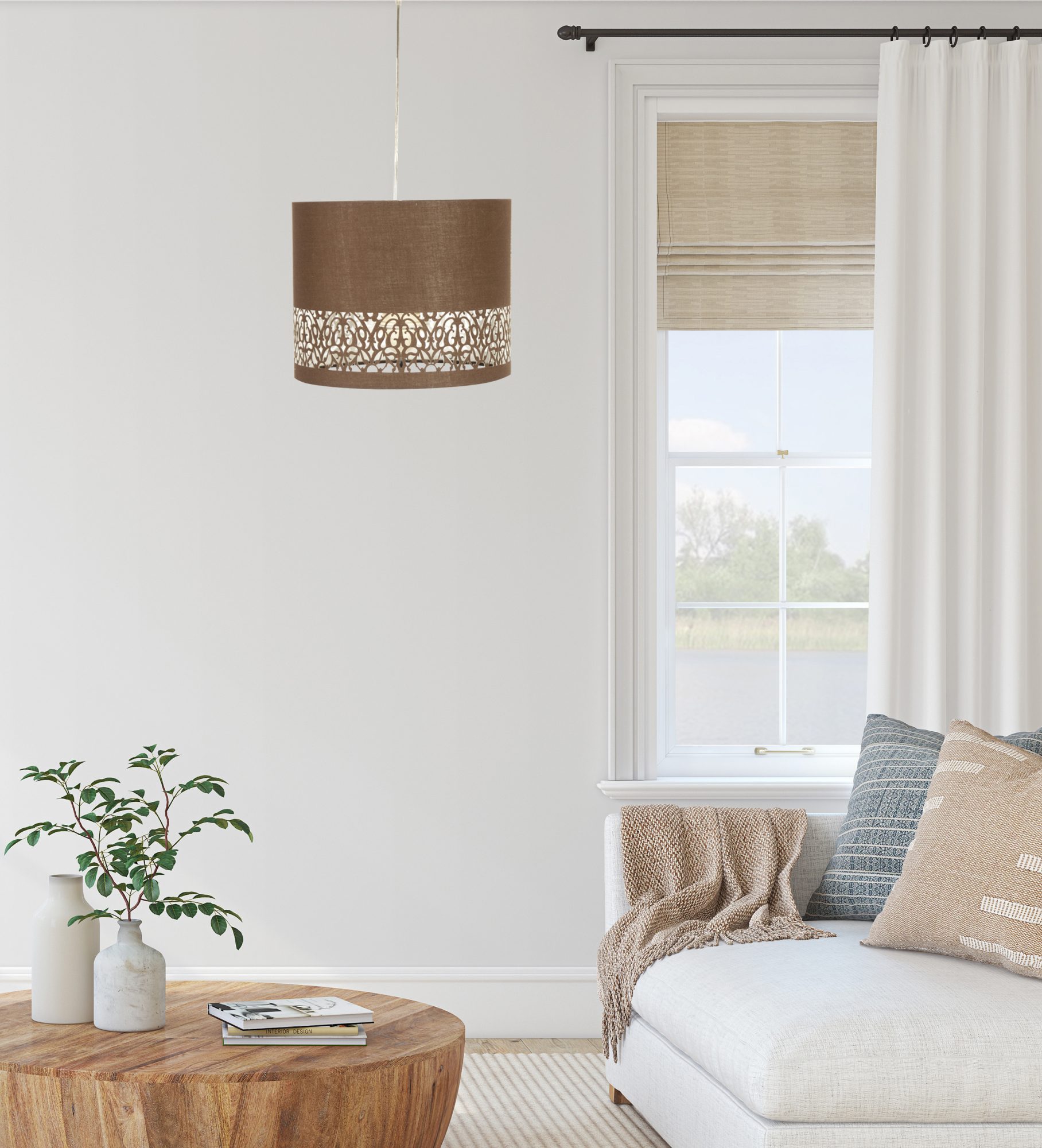Brązowa lampa wisząca Doredano w aranżacji jasnego salonu