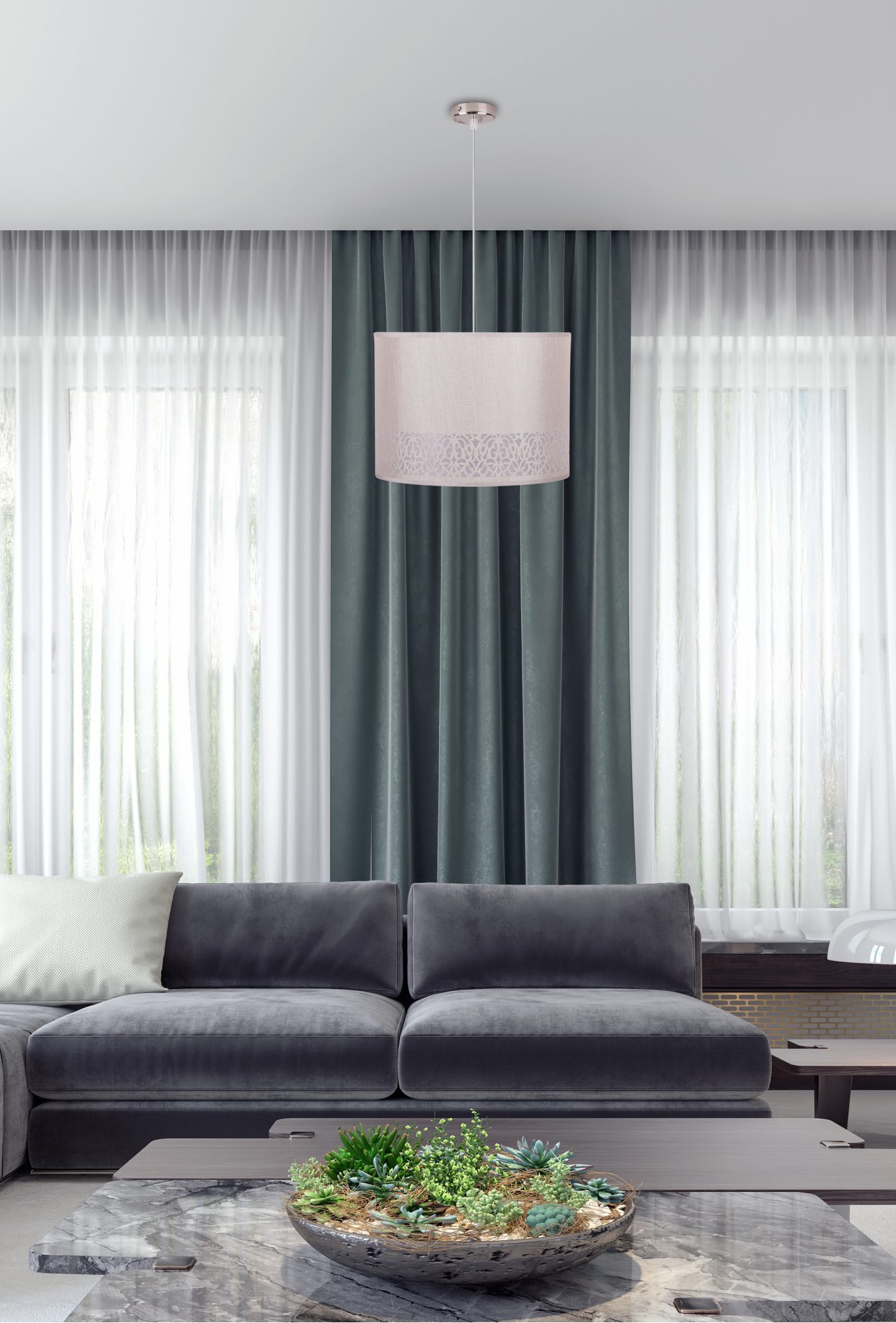Kremowa lampa wisząca Doredano w aranżacji salonu nad sofą