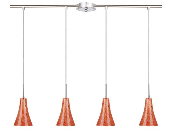 Lampa wisząca Dorevina z czterema pomarańczowo-czerwonymi szklanymi kloszami na niklowej listwie