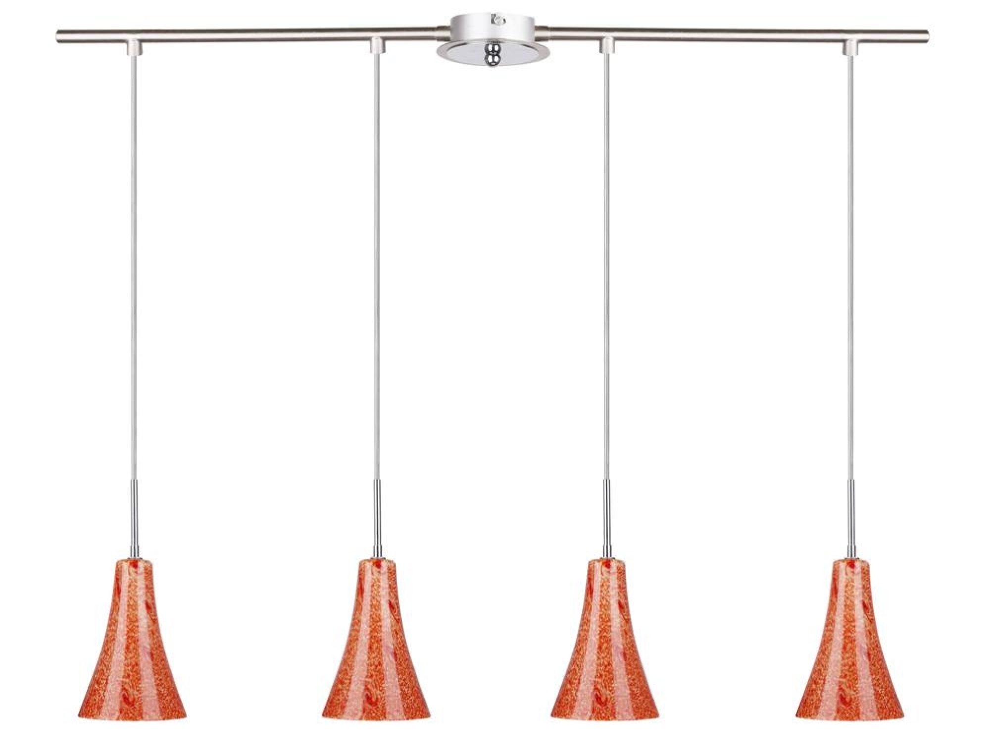 Lampa wisząca Dorevina z czterema pomarańczowo-czerwonymi szklanymi kloszami na niklowej listwie