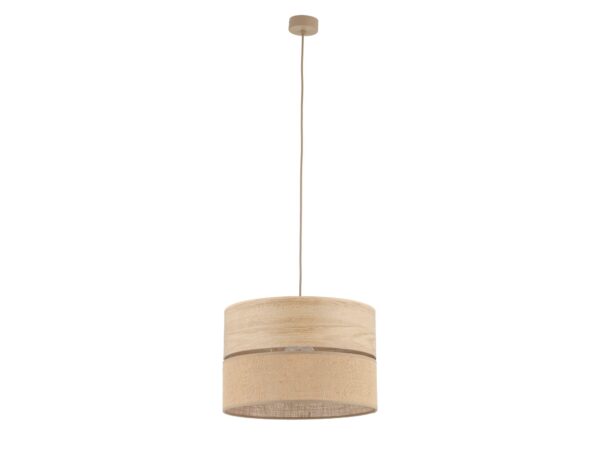 Lampa wisząca Dorma z abażurem z juty i jasnym dekorem drewna, średnica 38 cm