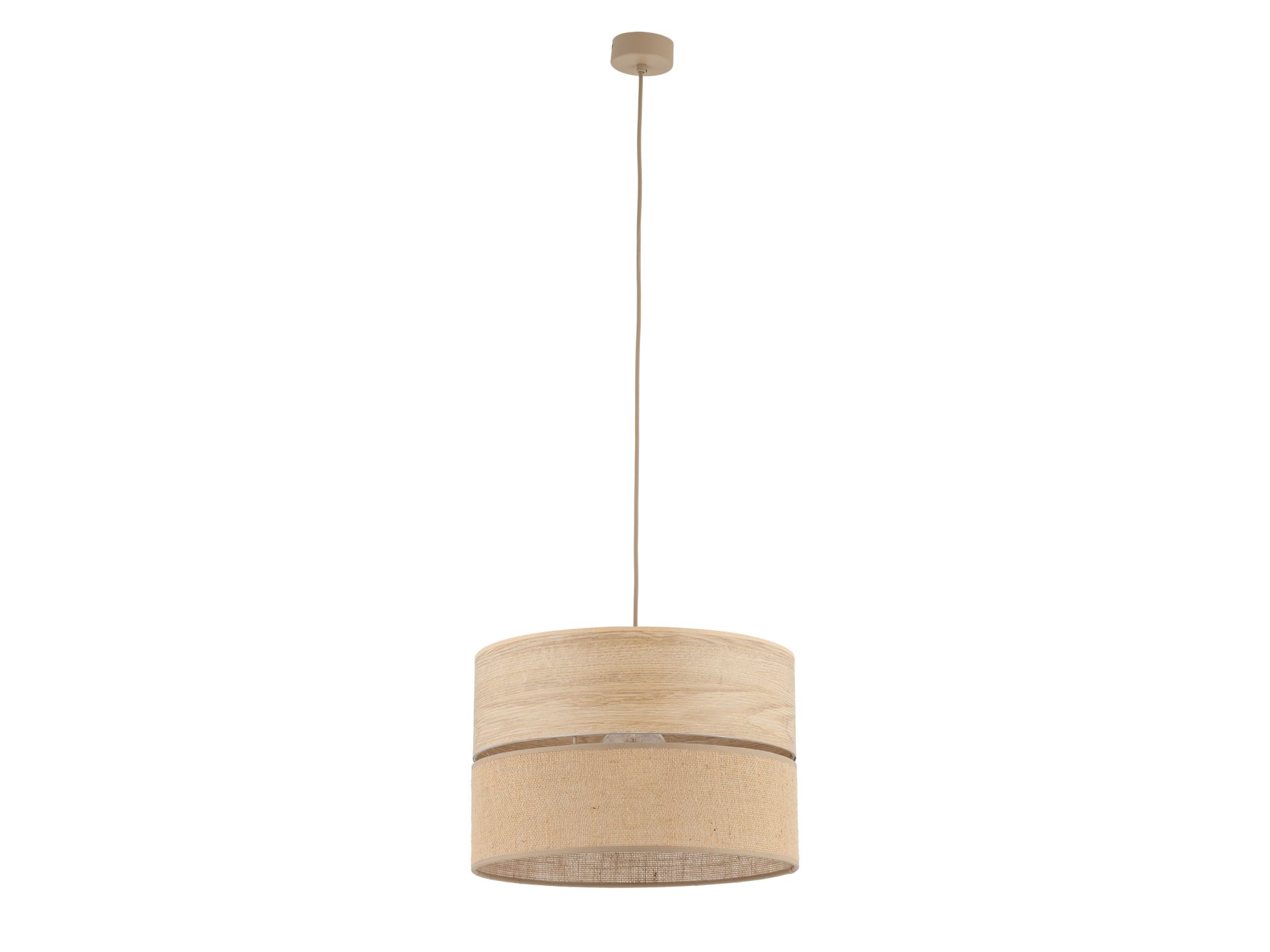 Lampa wisząca Dorma z abażurem z juty i jasnym dekorem drewna, średnica 38 cm