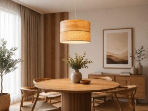 Miniaturka 1 - Lampa wisząca Dorma z dużym abażurem z tkaniny i juty w aranżacji wnętrza