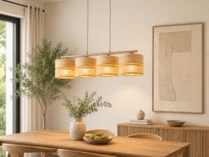 Miniaturka 1 - Lampa wisząca Dorma z czterema tekstylnymi abażurami w aranżacji wnętrza
