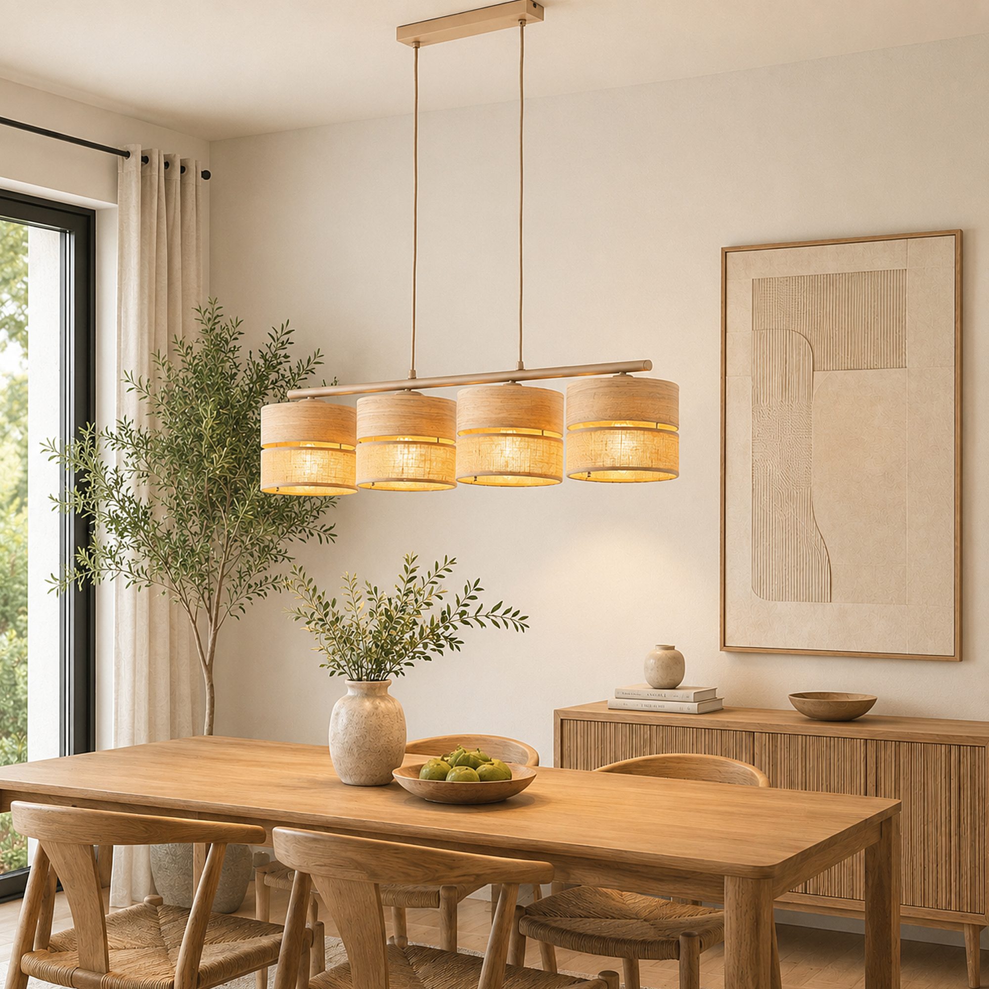 Lampa wisząca Dorma z czterema tekstylnymi abażurami w aranżacji wnętrza