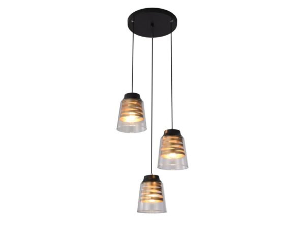 Lampa wisząca Dorolia trzy przezroczyste klosze na czarnym talerzu