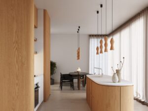 Miniaturka 12 - Lampa wisząca drewniana Selviora 10 cm naturalna w trzech rozmiarach nad wyspą kuchenną