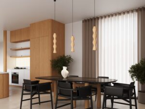 Miniaturka 13 - Lampa wisząca drewniana Selviora 10 cm naturalna w trzech rozmiarach nad stołem w jadalni