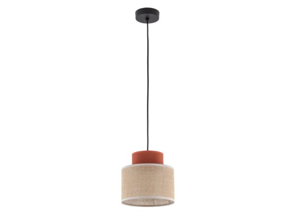 Lampa wisząca Duo z brązowo-jutowym abażurem na białym tle