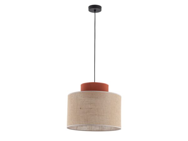 Lampa wisząca Duo z jutowym i brązowym abażurem na białym tle