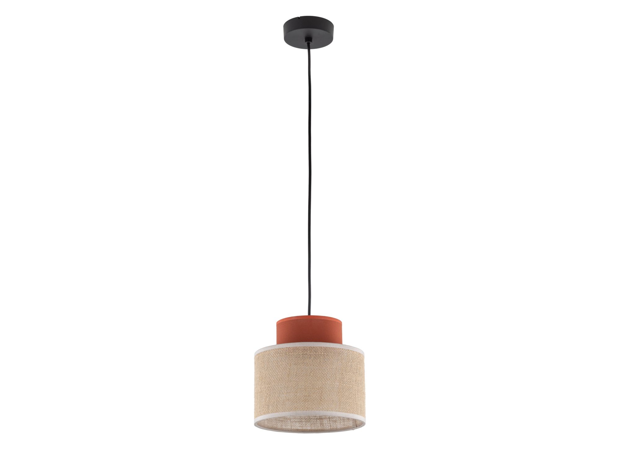 Lampa wisząca Duo z brązowo-jutowym abażurem na białym tle