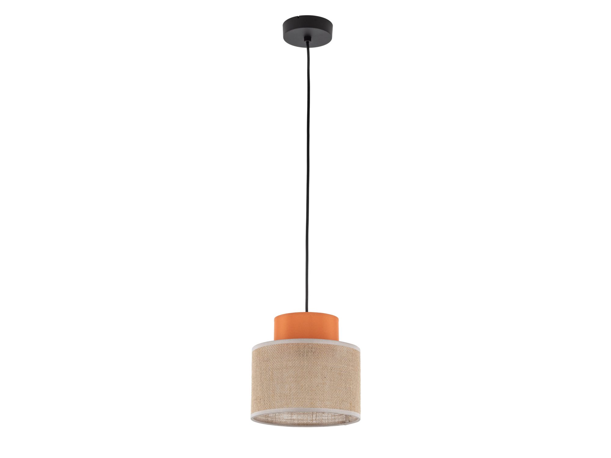 Lampa wisząca Duo z pomarańczowym i jutowym abażurem na białym tle