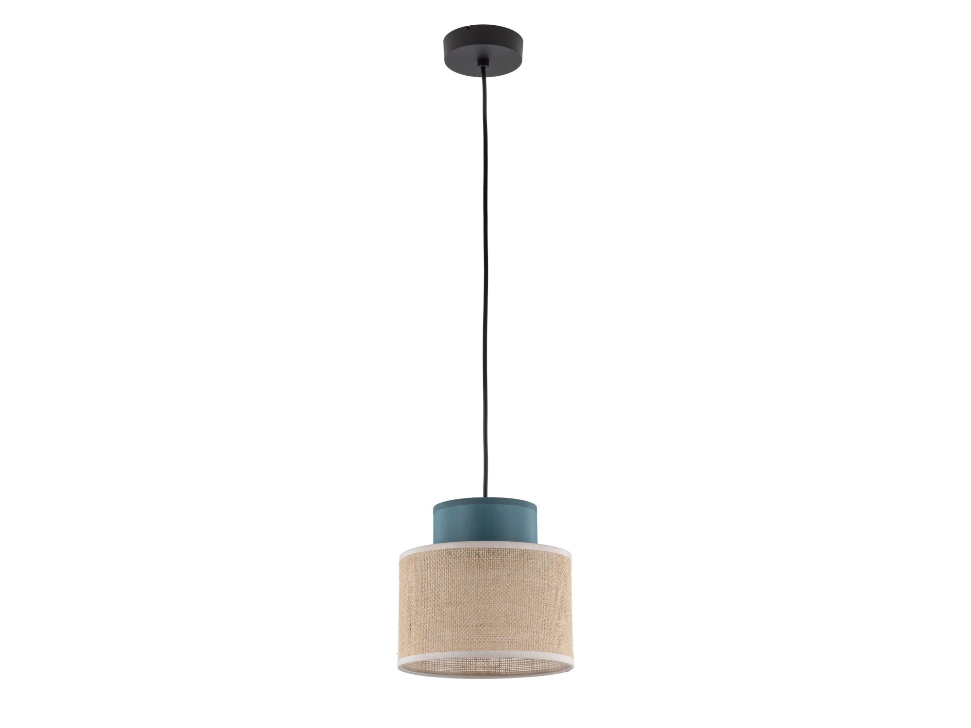 Lampa wisząca Duo z zielonym i jutowym abażurem na białym tle