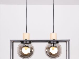 Miniaturka 1 - Dwupunktowa lampa wisząca czarna z dymionymi kloszami i zapalonym światłem, widok od frontu