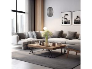 Miniaturka 7 - Lampa z dymionym szklanym kloszem w salonie z szarą sofą