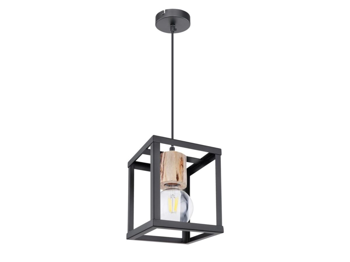 Lampa wisząca E27 czarna klatka 17 cm z drewnem