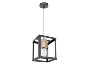 Miniaturka 2 - Lampa wisząca E27 czarna klatka metalowa z drewnianym detalem