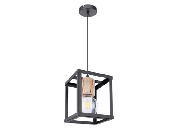 Lampa wisząca E27 czarna klatka metalowa z drewnianym detalem