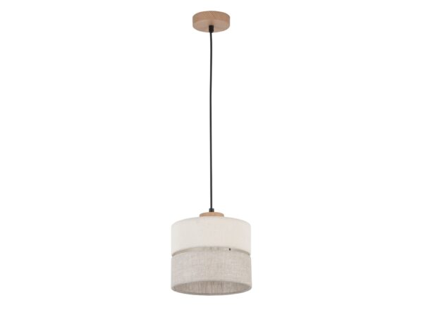 Lampa wisząca Eco jednopunktowa z szarobeżowym abażurem i jasnym drewnem