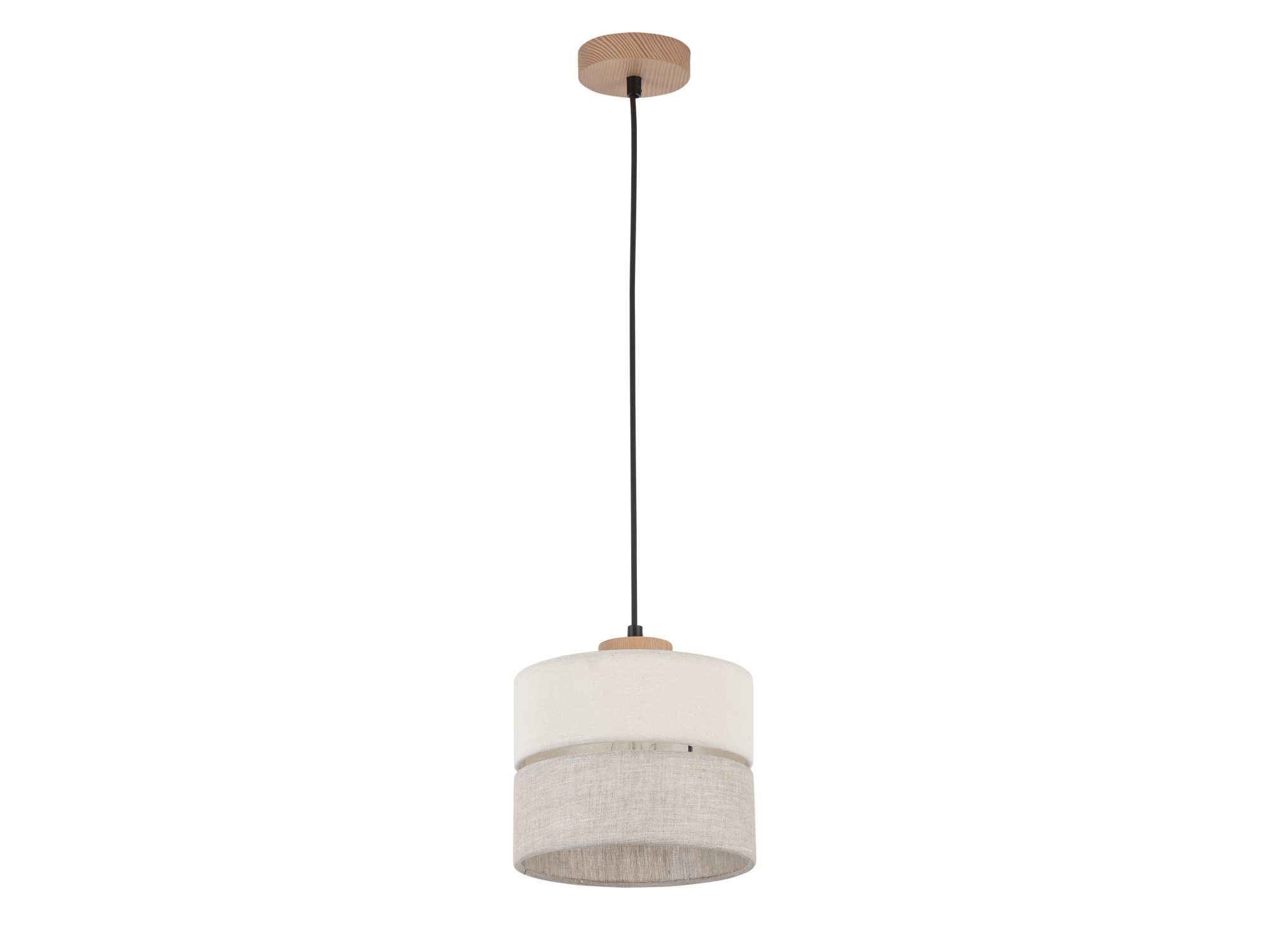 Jednopunktowa lampa wisząca Eco z szarobeżowym abażurem i drewnianym elementem