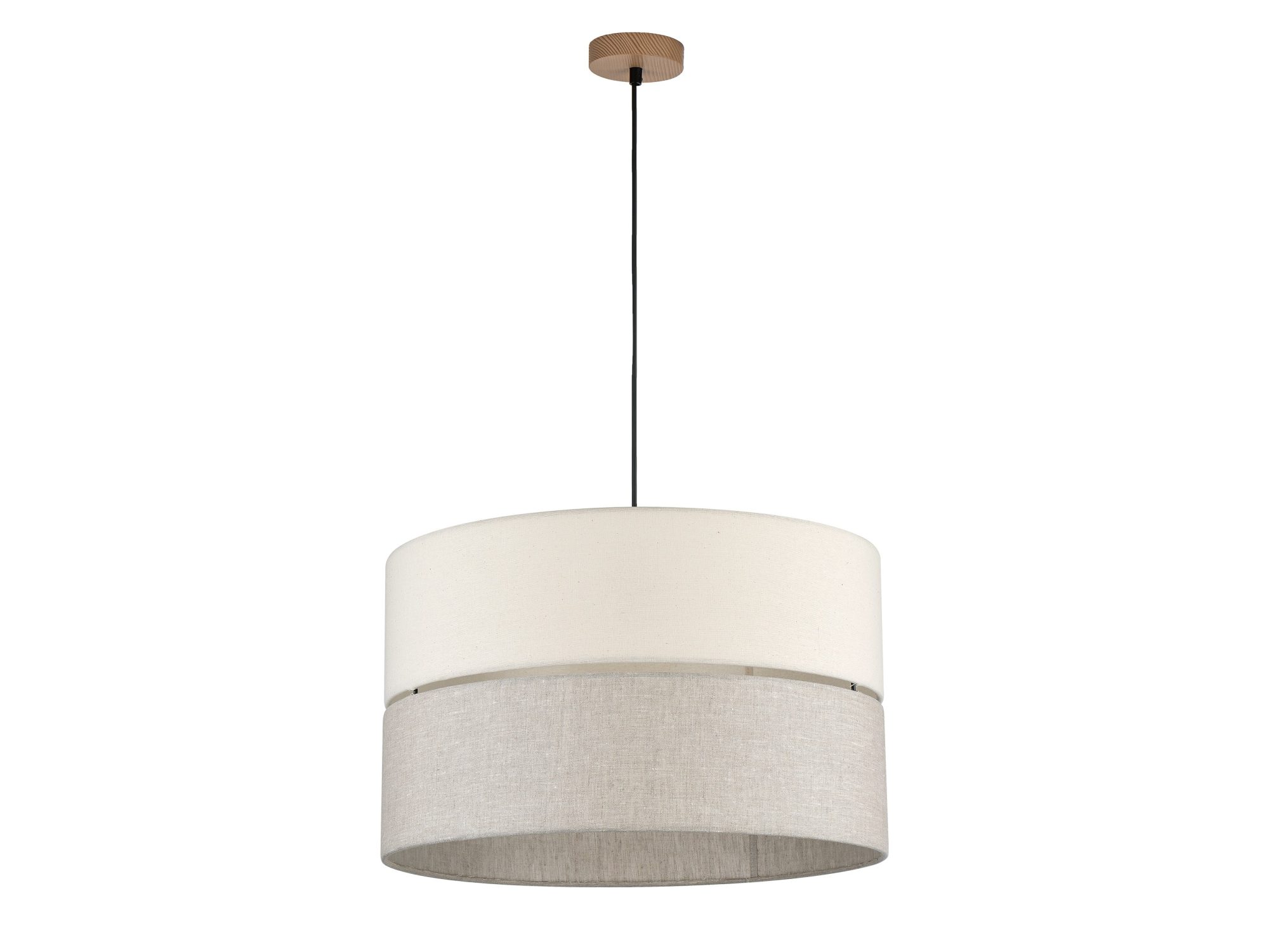 Trzypunktowa lampa wisząca Eco z trzema tkaninowymi abażurami i drewnianymi detalami