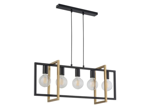 Lampa wisząca Eden 5 z czarną ramą i złotymi prostokątnymi elementami, pięć oprawek E27.