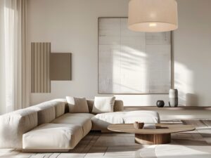 Miniaturka 5 - Beżowa lampa wisząca Elavora nad stolikiem w salonie