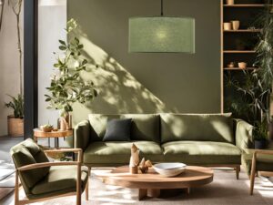 Miniaturka 5 - Miętowy abażur lampy Elavora w zielonym salonie