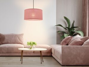 Miniaturka 6 - Jasnowrzosowa lampa wisząca Elavora nad stolikiem w salonie