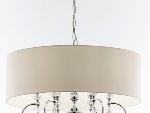 Lampa wisząca Elba 6-punktowa z białym abażurem, chromowanym stelażem i kryształami