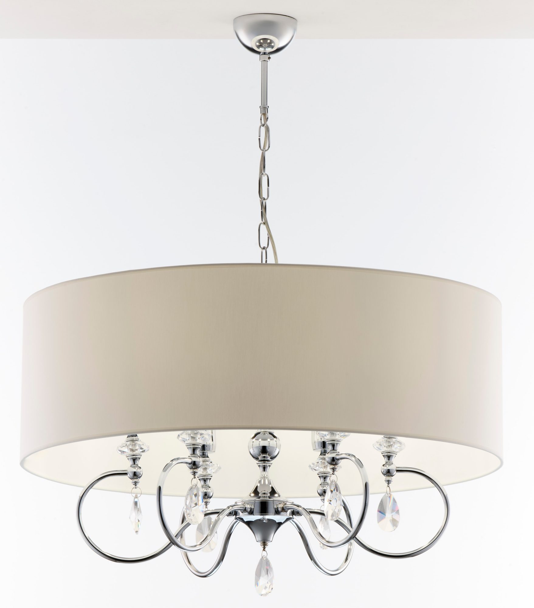Lampa wisząca Elba z białym abażurem i chromem na jasnym tle
