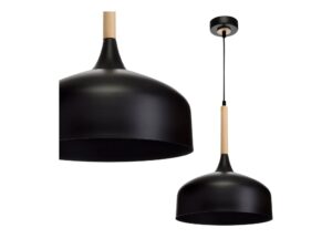 Miniaturka 1 - Czarna lampa wisząca Eletina z drewnianym detalem na białym tle