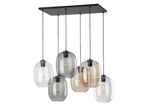 Miniaturka 2 - Lampa wisząca Elio z sześcioma szklanymi kloszami w trzech kolorach na białym tle