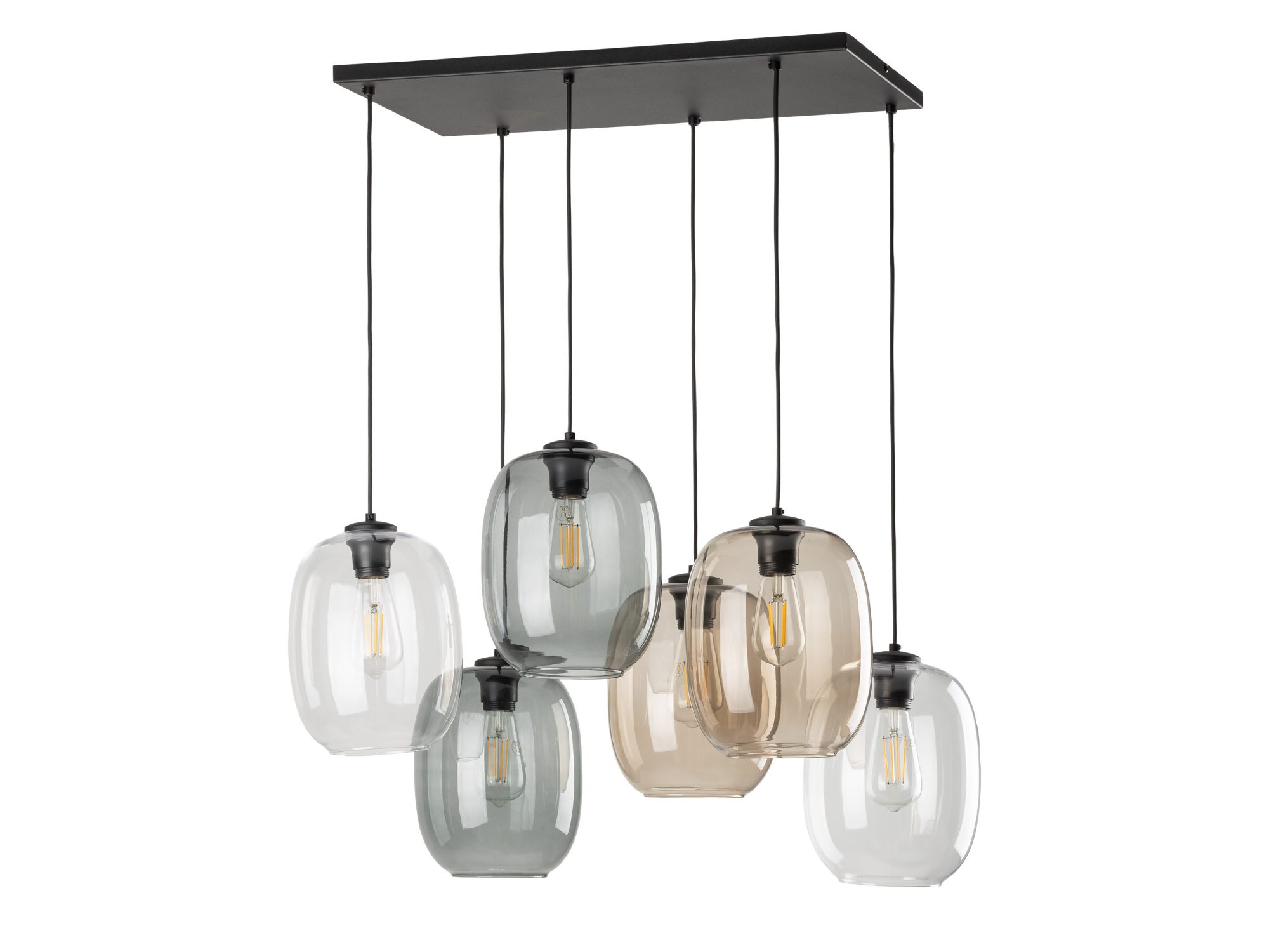 Lampa wisząca Elio z sześcioma szklanymi kloszami w trzech kolorach na białym tle