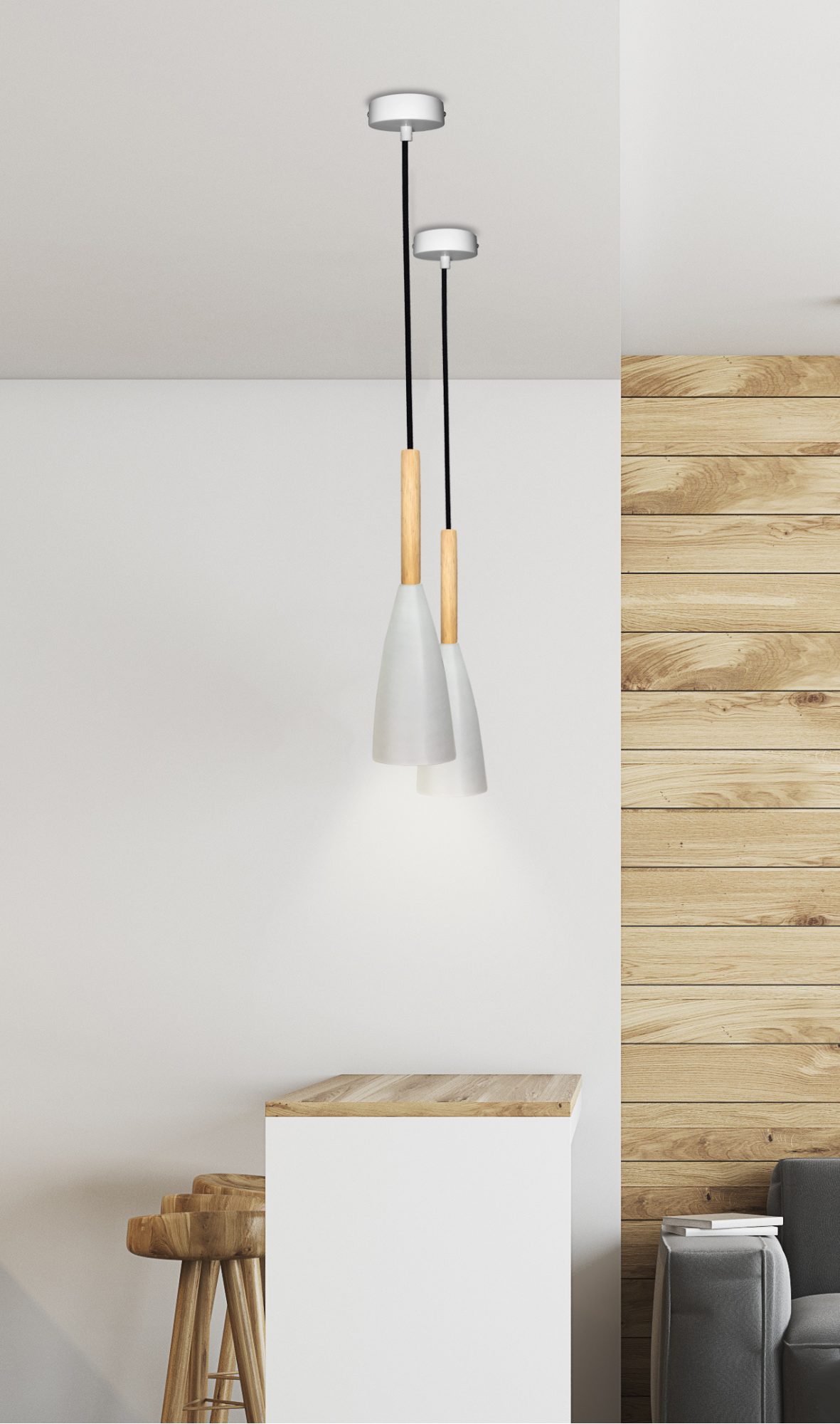 Białe lampy wiszące Elisona z drewnianym detalem w aranżacji wnętrza