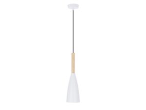 Miniaturka 2 - Biała lampa wisząca Elisona z drewnianym elementem i smukłym kloszem