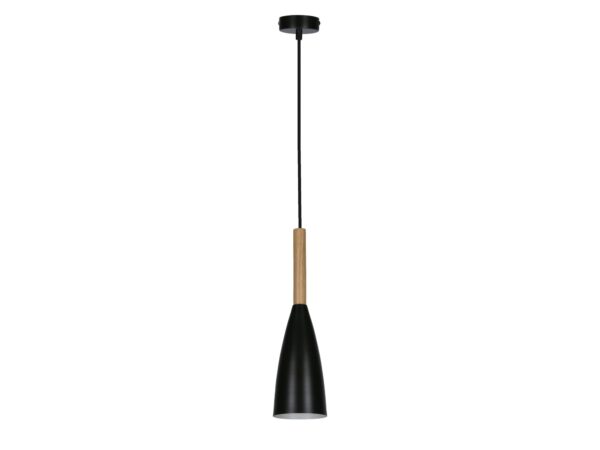 Czarna lampa wisząca Elisona z drewnianym elementem i stożkowym metalowym kloszem