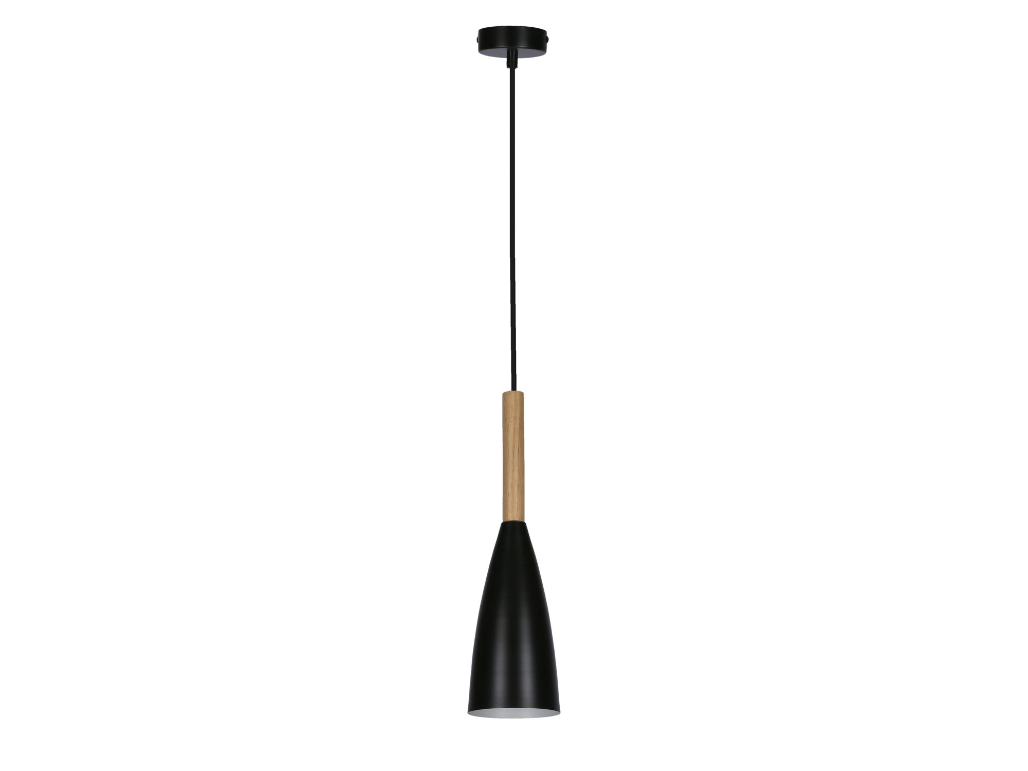 Czarna lampa wisząca Elisona z drewnianym elementem i stożkowym metalowym kloszem