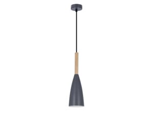 Miniaturka 4 - Szara lampa wisząca Elisona ze smukłym stożkowym kloszem i drewnianym detalem