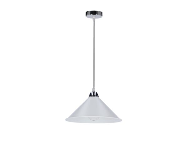 Lampa wisząca Elotela z chromowanym zawiesiem i białym stożkowym kloszem