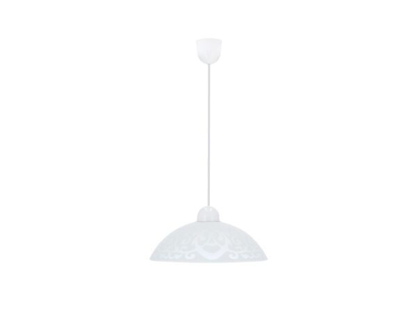 Lampa wisząca Eloveta z białym wzorzystym szklanym kloszem na białym tle