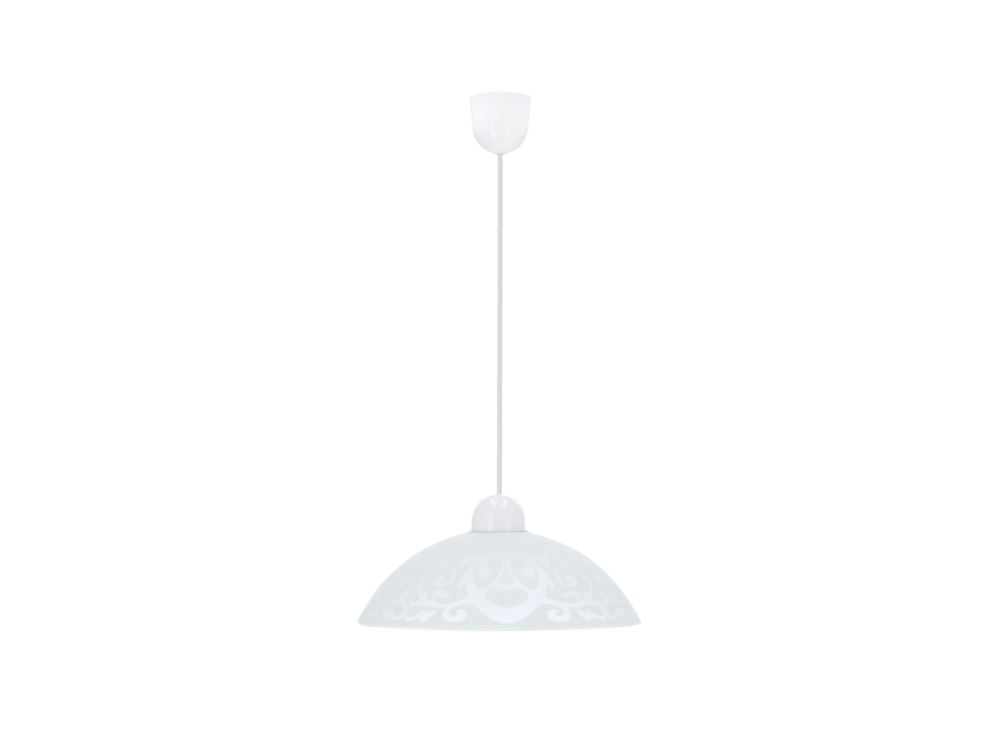 Lampa wisząca Eloveta z białym wzorzystym szklanym kloszem na białym tle
